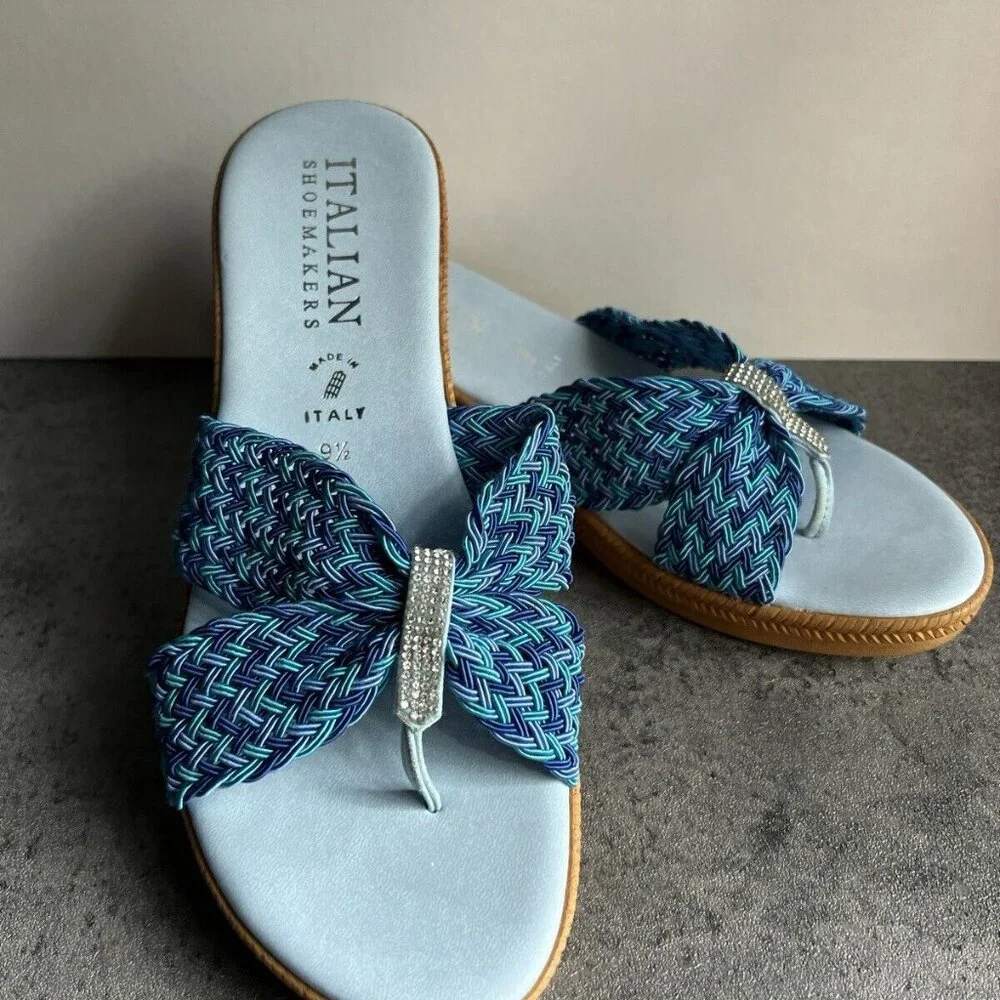 Italian Shoemakers Mixed Blue Rhinestone Sparkle Thong Wedge Sandals Size 9.5 M - Picture 13 of 16